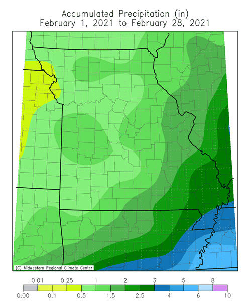 Accumulated Precipitation (in) February 1, 2021 to February 28, 2021