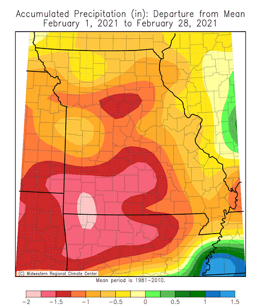 Accumulated Precipitation (in): Departure from Mean February 1, 2021 to February 28, 2021