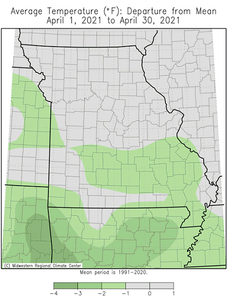 Average Temperature (°F): Departure from Mean April 1, 2021 to April 30, 2021