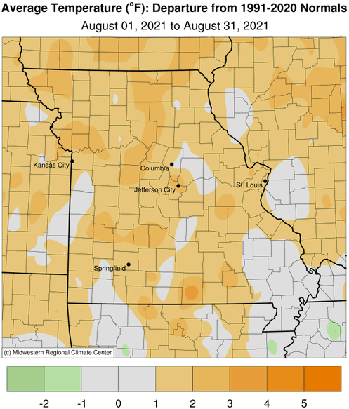 Average Temperature (°F): Departure from 1991-2020 Normals August 01, 2021 to August 31, 2021