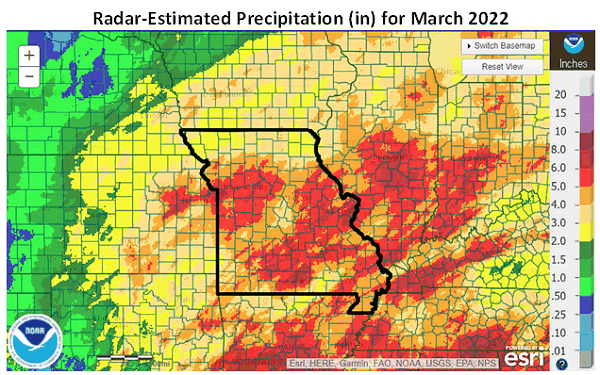 Radar-Estimated Precipitation (in) for March 2022