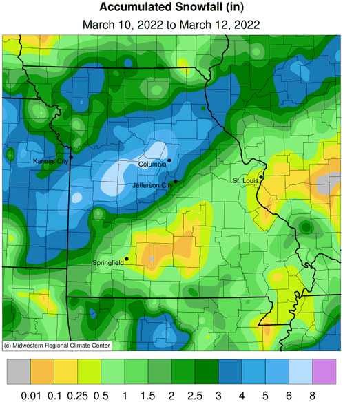 Accumulated Snowfall (in) March 10, 2022 to March 12, 2022