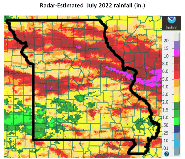 Radar-Estimated July 2022 rainfall (in.)