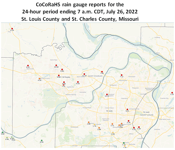 CoCoRaHS rain gauge reports for the 24-hour period ending 7 a.m. CDT, July 26, 2022 - St. Louis County and St. Charles County, Missouri<