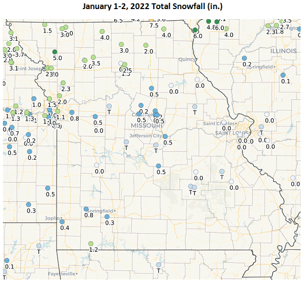 January 1-2, 2022 Total Snowfall (in.)