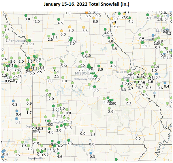 January 15-16, 2022 Total Snowfall (in.)