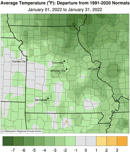 Average Temperature (°F): Departure from 1991-2020 Normals January 01, 2022 to January 31, 2022