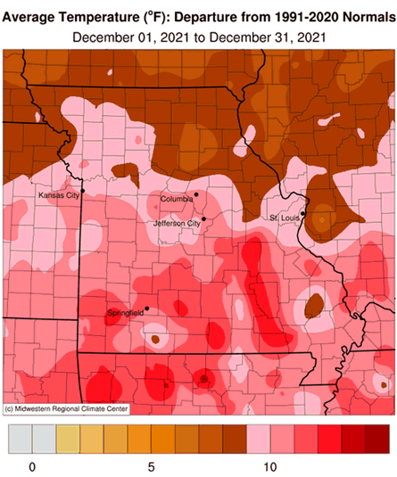 Average Temperature (°F): Departure from 1991-2020 Normals December 01, 2021 to December 31, 2021