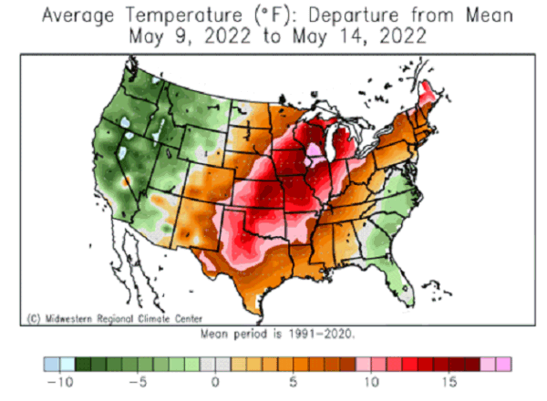 Average Temperature (°F): Departure from Mean May 9, 2022 to May 14, 2022