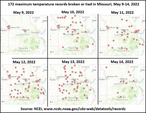 172 maximum temperature records broken or tied in Missouri, May 9-14, 2022