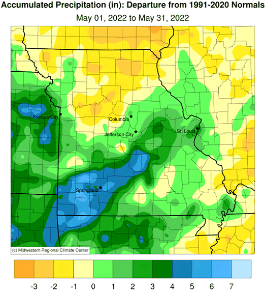 Accumulated Precipitation (in): Departure from 1991-2020 Normals May 01, 2022 to May 31, 2022