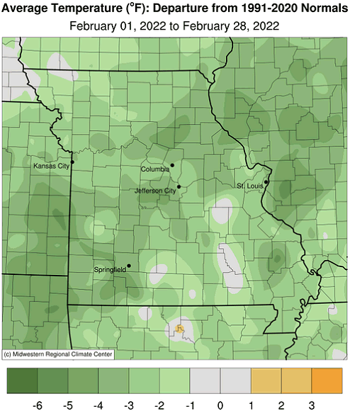Average Temperature (°F): Departure from 1991-2020 Normals February 01, 2022 to February 28, 2022