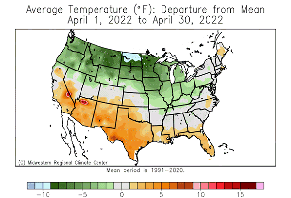 Average Temperature (°F): Departure from Mean April 01, 2022 to April 30, 2022