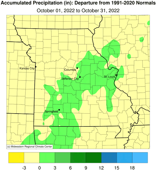 Accumulated Precipitation (in): Departure from 1991-2020 Normals October 01, 2022 to October 31, 2022