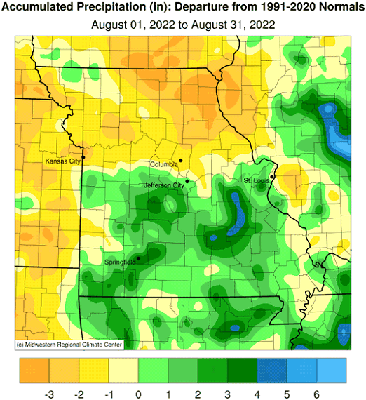 Accumulated Precipitation (in): Departure from 1991-2020 Normals August 01, 2022 to August 31, 2022