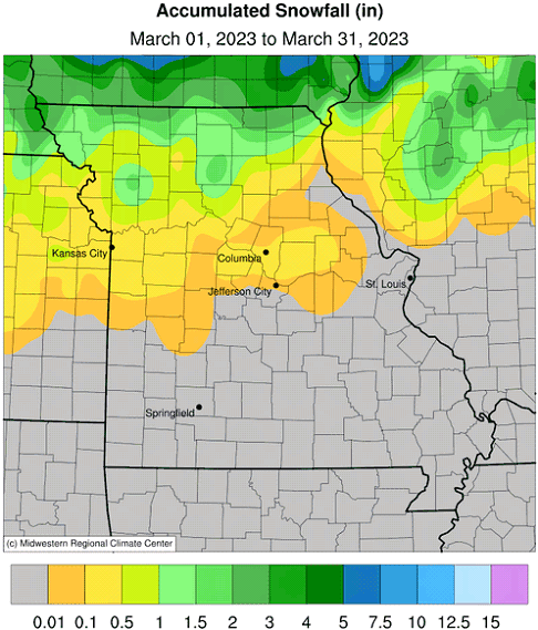 Accumulated Snowfall (in) - March 01, 2023 to March 31, 2023