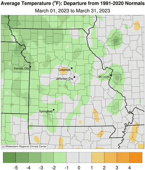 Average Temperature (°F): Departure from 1991-2020 Normals March 01, 2023 to March 31, 2023