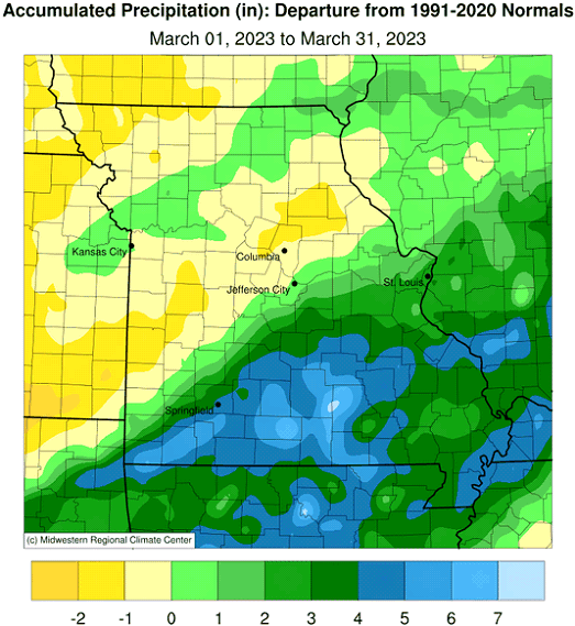 Accumulated Precipitation (in): Departure from 1991-2020 Normals March 01, 2023 to March 31, 2023