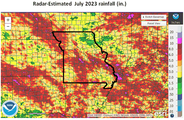 Radar-Estimated July 2023 rainfall (in.)