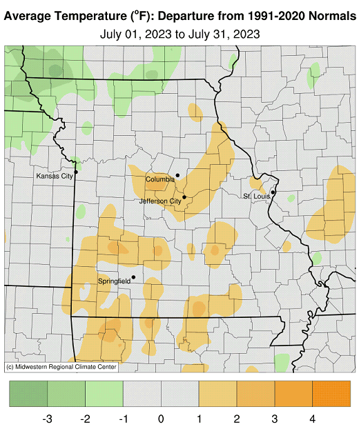 Average Temperature (°F): Departure from 1991-2020 Normals July 01, 2023 to July 31, 2023