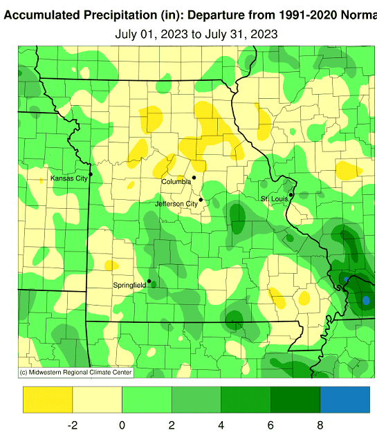Accumulated Precipitation (in): Departure from 1991-2020 Normals July 01, 2023 to July 31, 2023