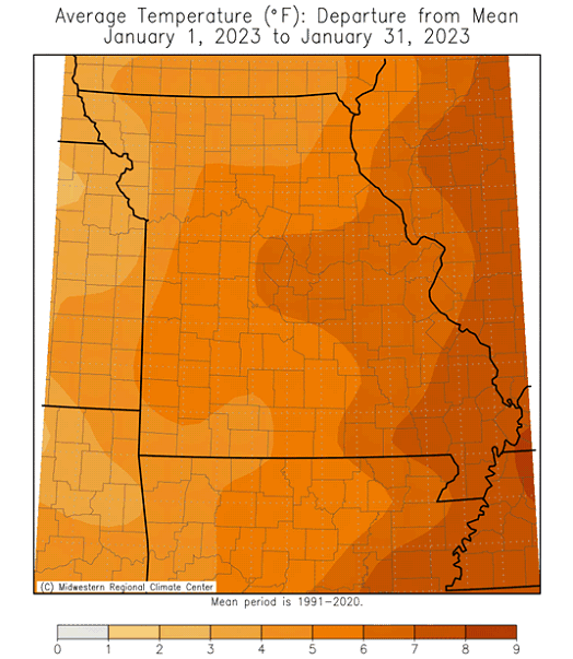 Average Temperature (°F): Departure from Mean January 01, 2023 to January 31, 2023