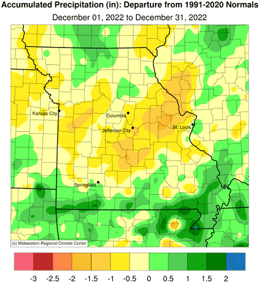 Accumulated Precipitation (in): Departure from 1991-2020 Normals December 01, 2022 to December 31, 2022