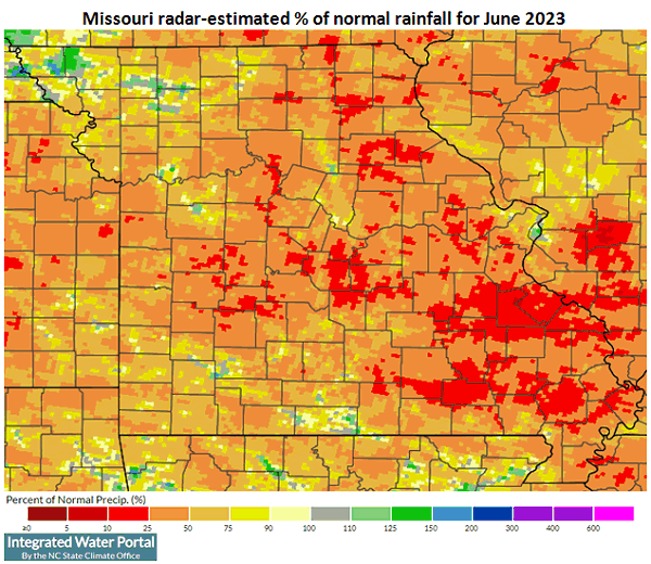 Missouri radar-estimated % of normal rainfall for June 2023