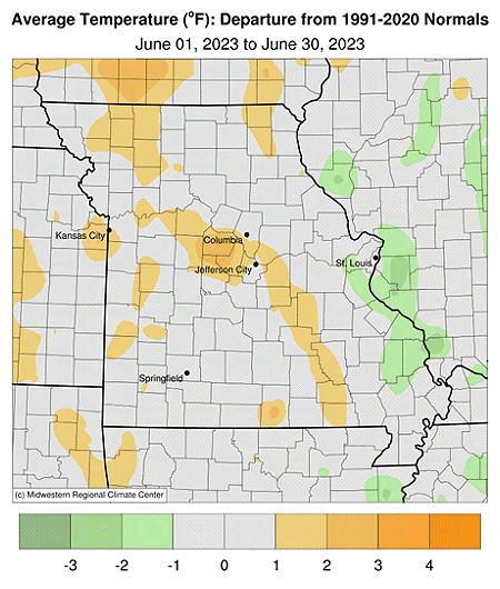 Average Temperature (°F): Departure from 1991-2020 Normals June 01, 2023 to June 30, 2023