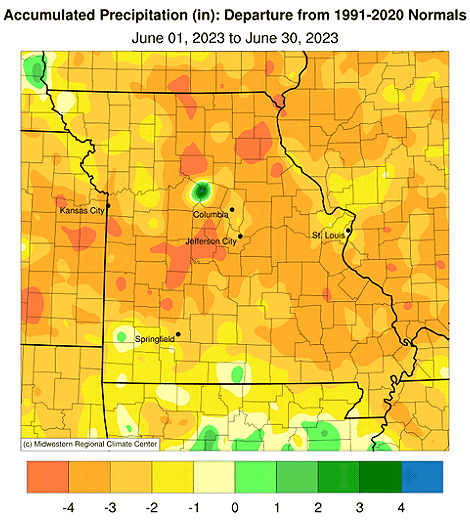 Accumulated Precipitation (in): Departure from 1991-2020 Normals June 01, 2023 to June 30, 2023