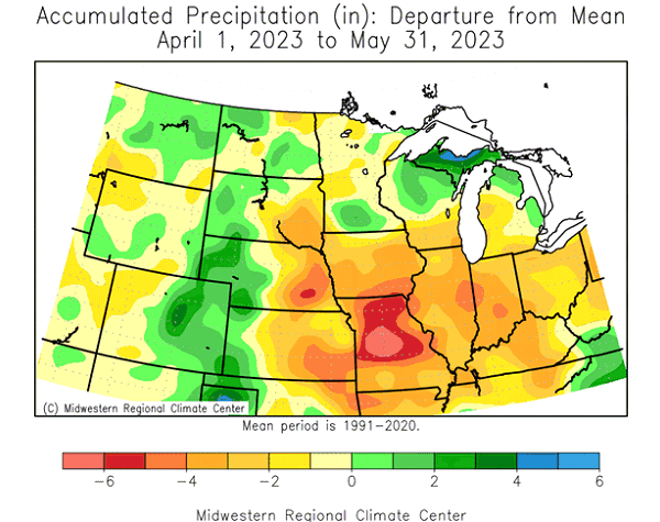 Accumulated Precipitation (in): Departure from Mean April 1, 2023 to May 31, 2023