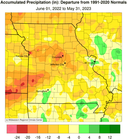 Accumulated Precipitation (in): Departure from 1991-2020 Normals June 01, 2022 to May 31, 2023