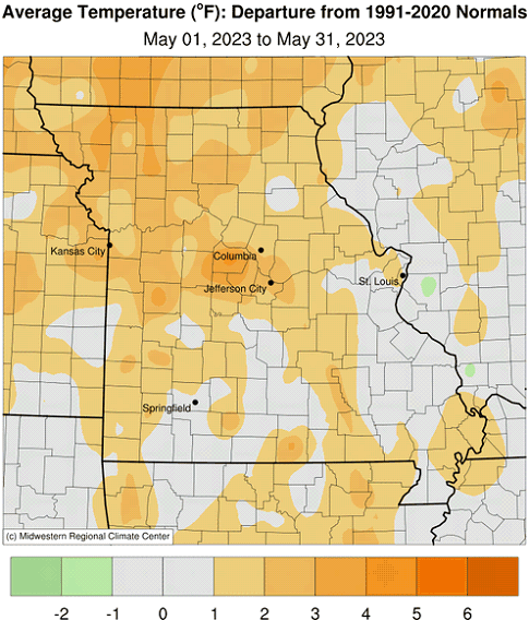 Average Temperature (°F): Departure from 1991-2020 Normals May 01, 2023 to May 31, 2023