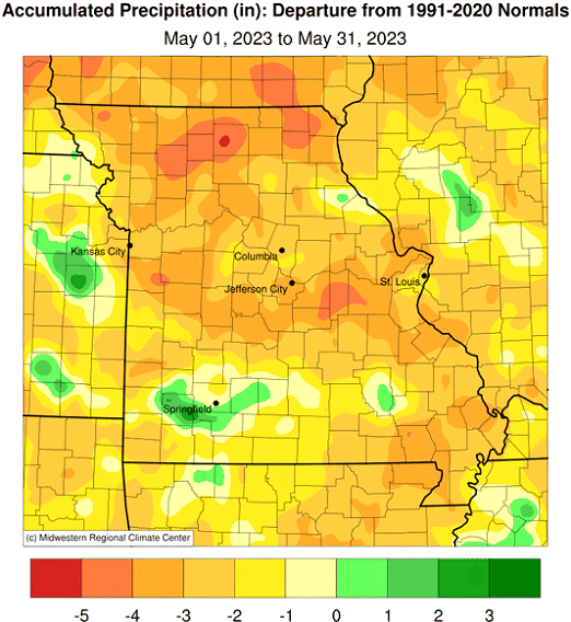 Accumulated Precipitation (in): Departure from 1991-2020 Normals May 01, 2023 to May 31, 2023