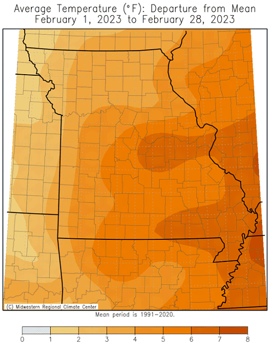 Average Temperature (°F): Departure from Mean February 01, 2023 to February 28, 2023