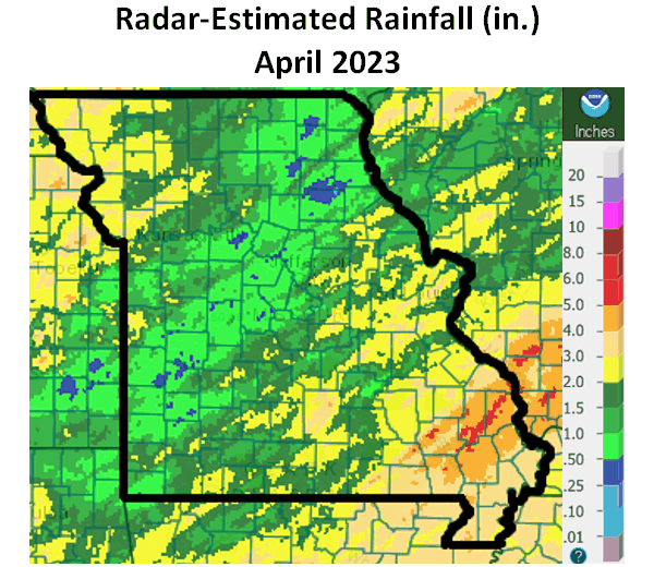 Radar-Estimated Rainfall (in.) - April 2023