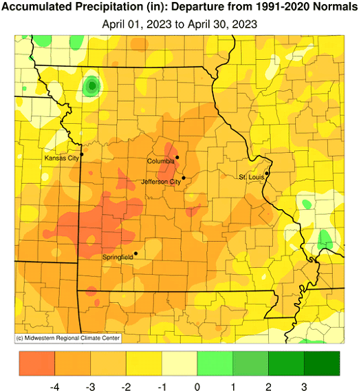 Accumulated Precipitation (in): Departure from 1991-2020 Normals April 01, 2023 to April 30, 2023