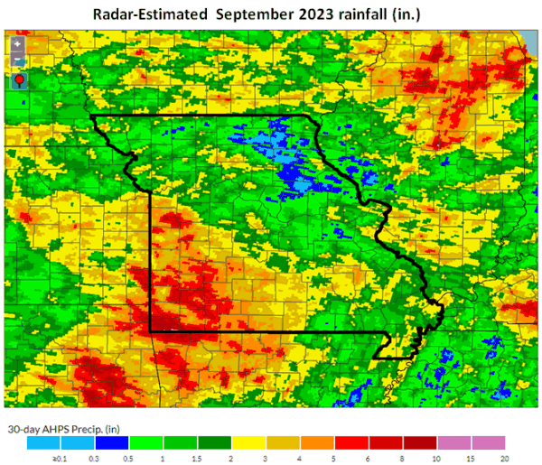 Radar-Estimated September 2023 rainfall (in.)