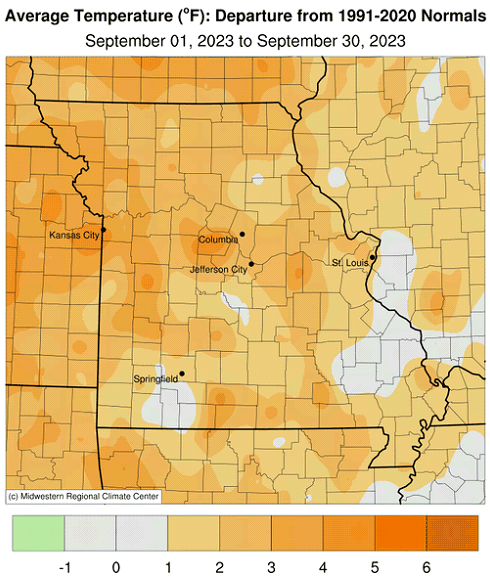 Average Temperature (°F): Departure from 1991-2020 Normals September 01, 2023 to September 30, 2023