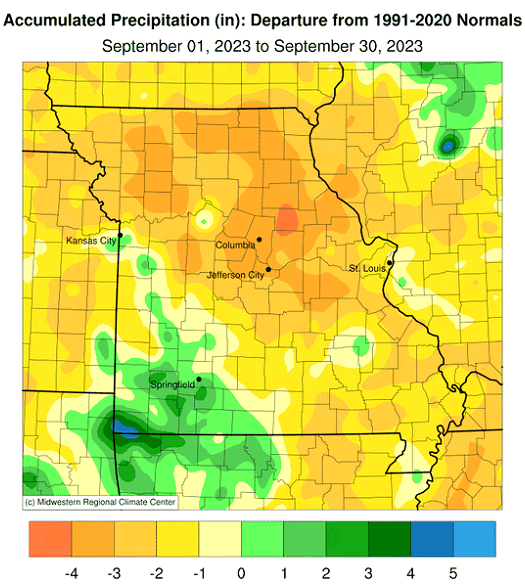 Accumulated Precipitation (in): Departure from 1991-2020 Normals September 01, 2023 to September 30, 2023