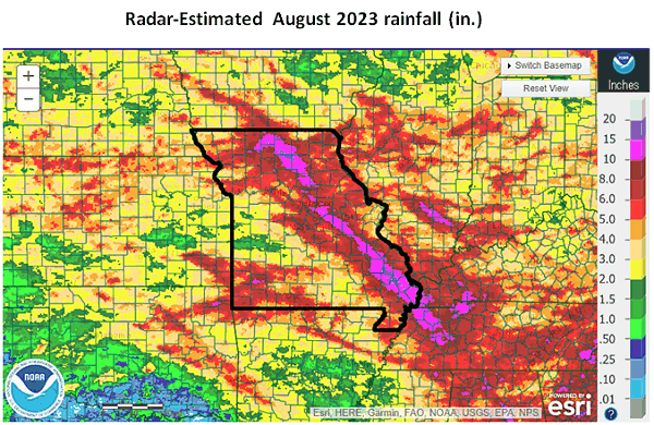 Radar-Estimated August 2023 rainfall (in.)