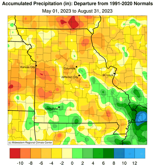 Accumulated Precipitation (in): Departure from 1991-2020 Normals May 01, 2023 to August 31, 2023