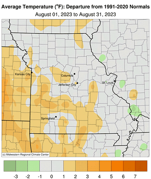 Average Temperature (°F): Departure from 1991-2020 Normals August 01, 2023 to August 31, 2023