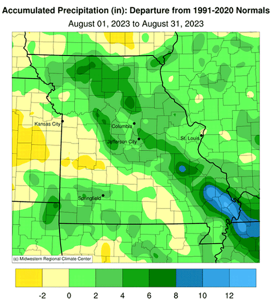 Accumulated Precipitation (in): Departure from 1991-2020 Normals August 01, 2023 to August 31, 2023