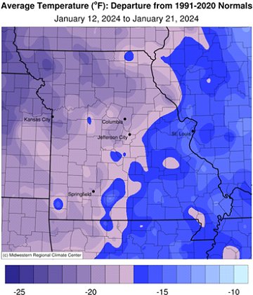 Average Temperature (°F): Departure from 1991-2020 Normals January 12, 2024 to January 21, 2024