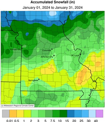 Accumulated Snowfall (in) January 01, 2024 to January 31, 2024