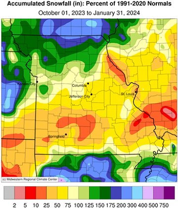 Accumulated Snowfall (in): Percent of 1991-2020 Normals October 01, 2023 to January 31, 2024