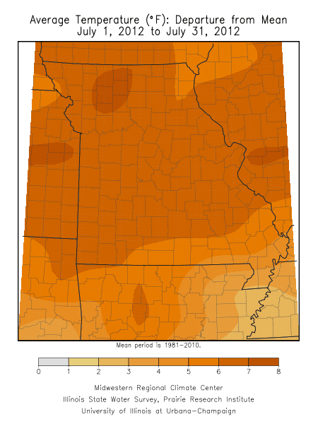 Average Temperature Departure from Mean, July 1, 2012 to July 31, 2012