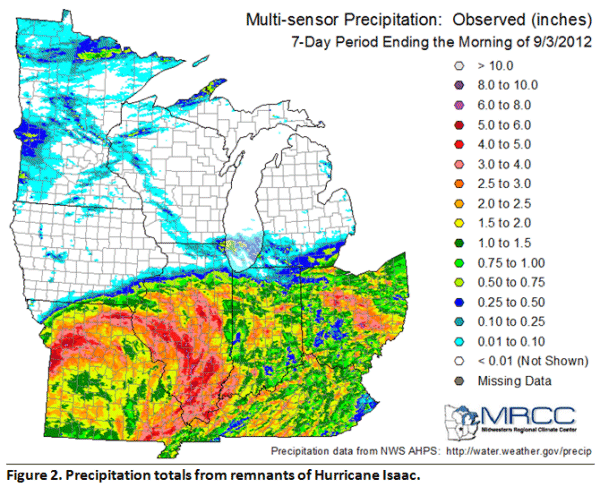 Precipitation totals from remnants of Hurricane Isaac