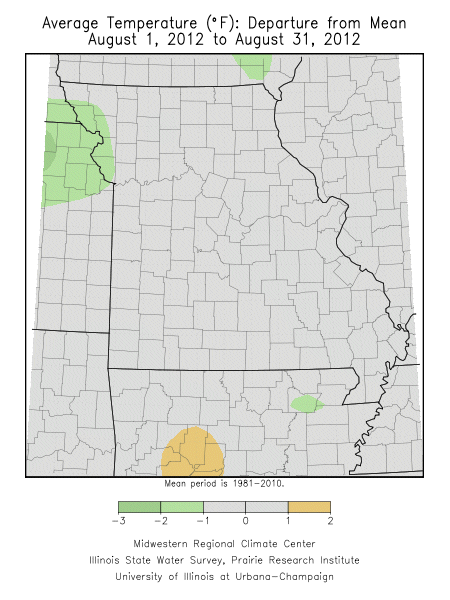 Average Temperature Departure from Mean, August 1, 2012 to August 31, 2012